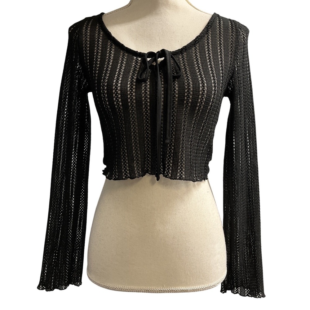 Black Lightweight Open-Knit Tie-Front Crop Cardigan